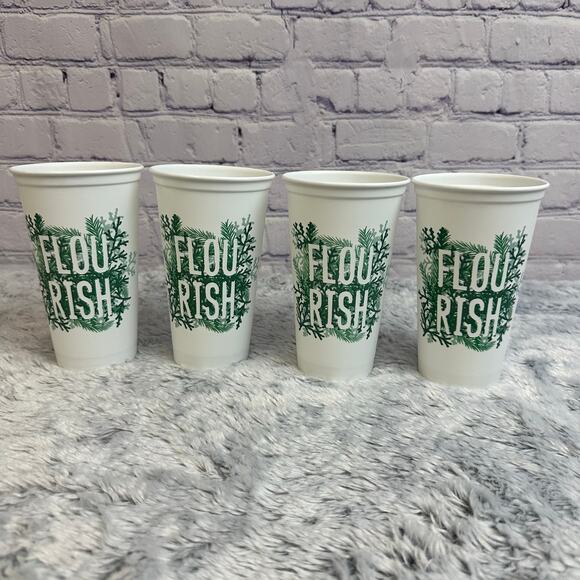 Set of 4 Starbucks Flourish White Green Plastic 16oz Reusable Coffee Cups - Picture 1 of 8